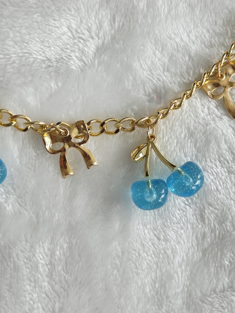 Blue Bow And Cherry Bag Chain with Blue Shimmer Cherries - Picture 9 of 10